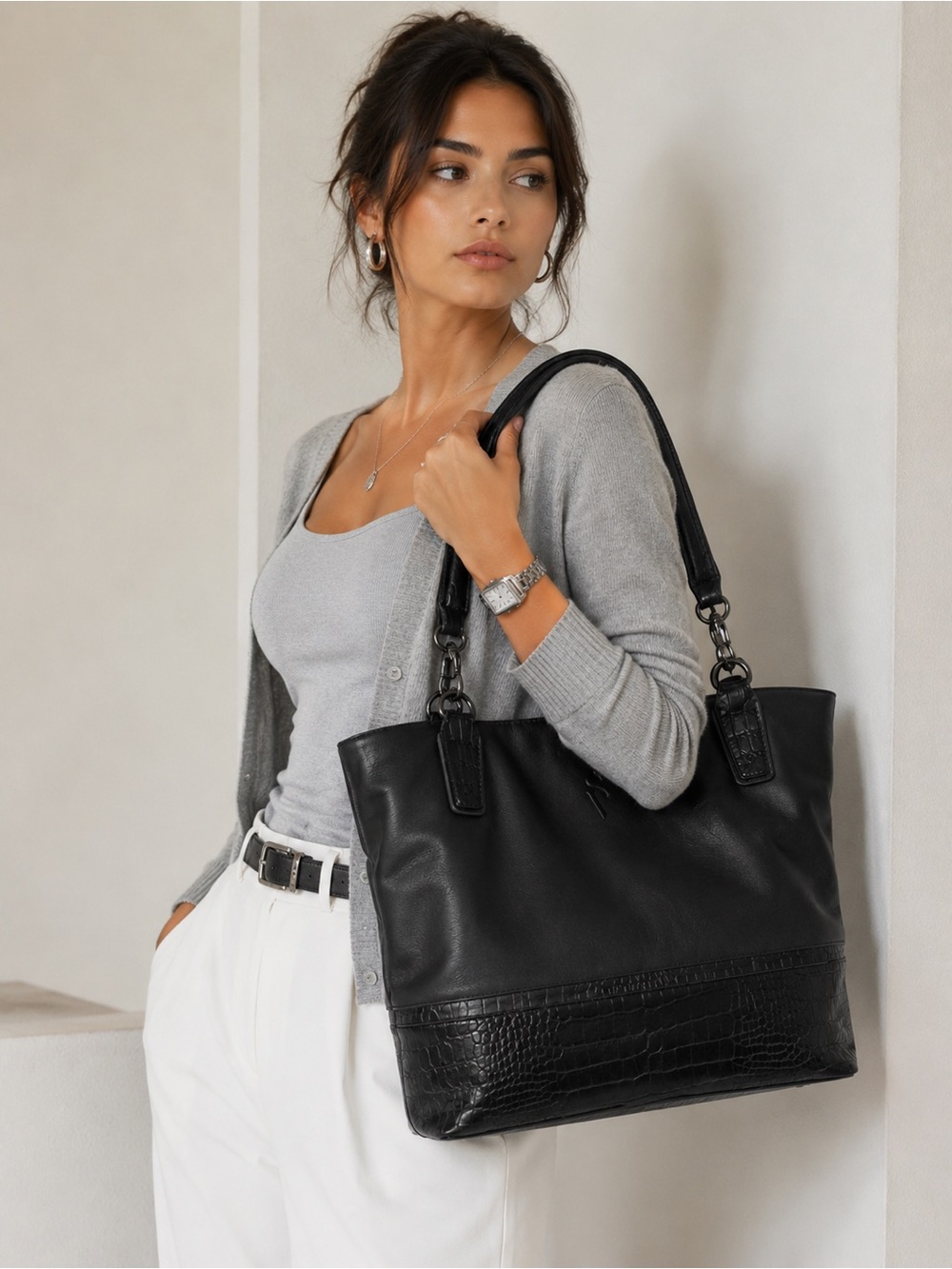 Simply Vera Vera Wang Black Tote Bag with Croc Embossed Trim